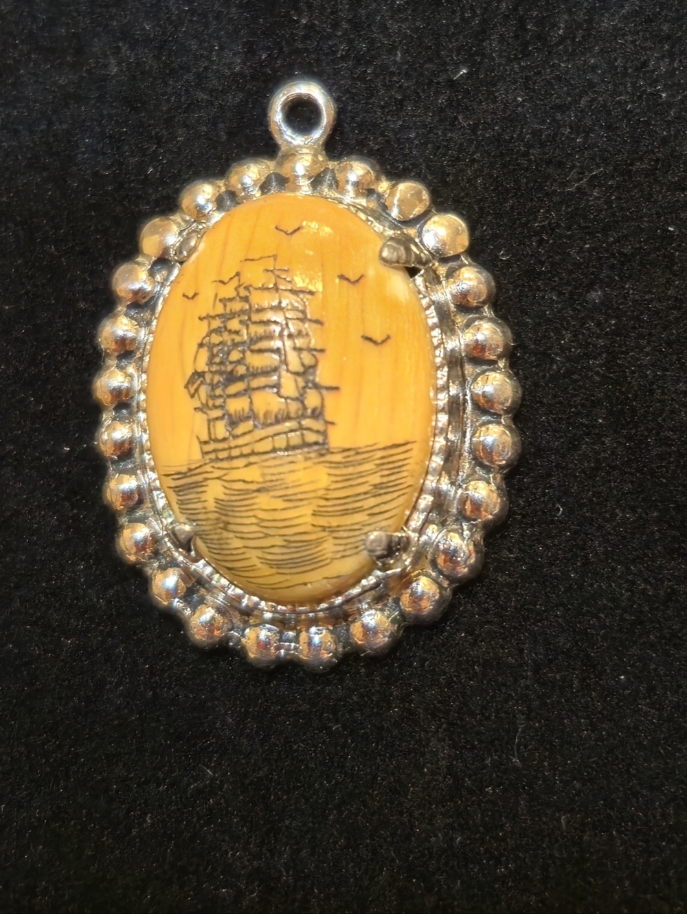 Scrimshaw Pendant Necklace Sterling Silver Bone Ivory W/ Sea Ship Seaguls Toned